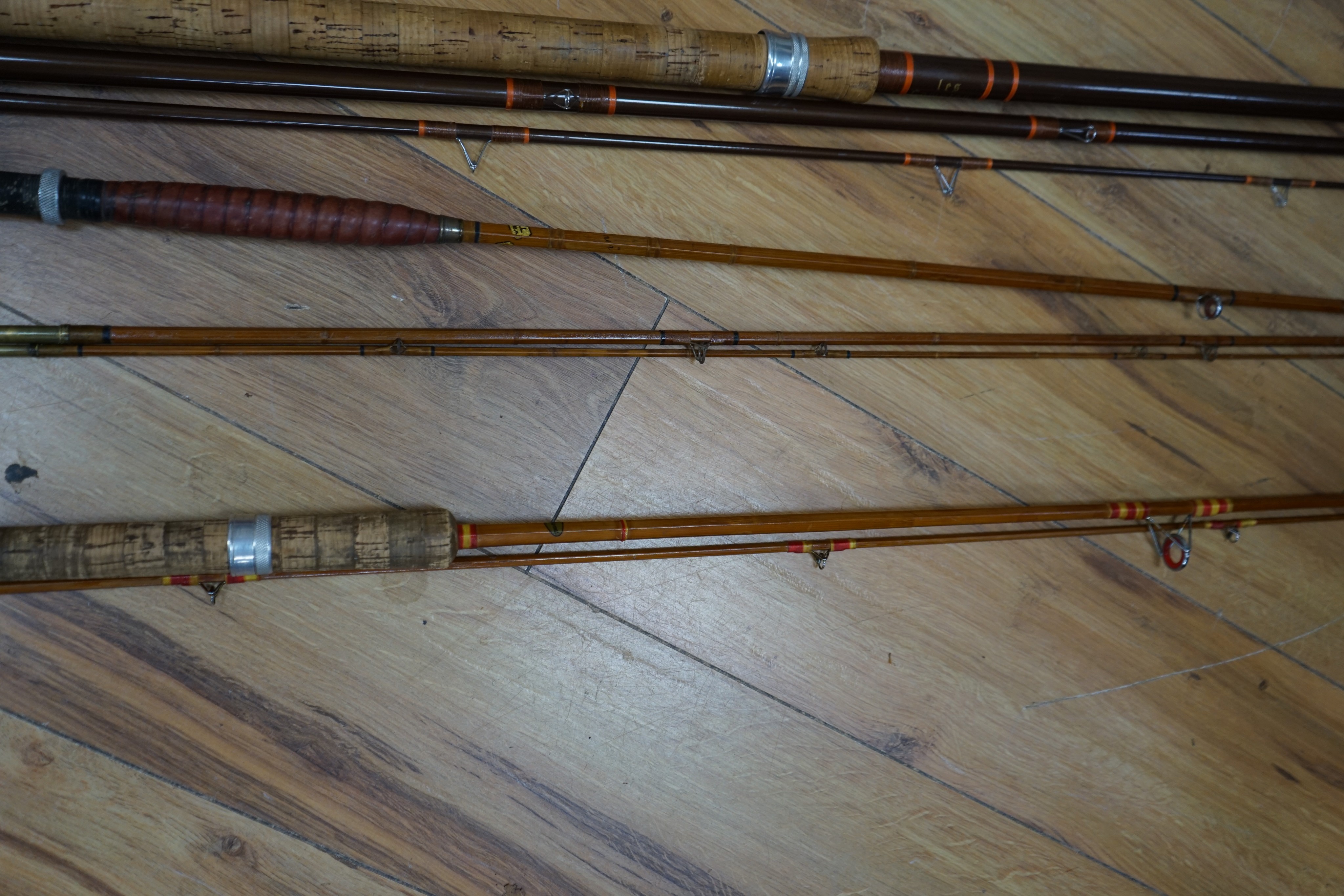 A collection of mixed split cane fishing rods, Les Compton, Elasticane, Carton-James and another (4)